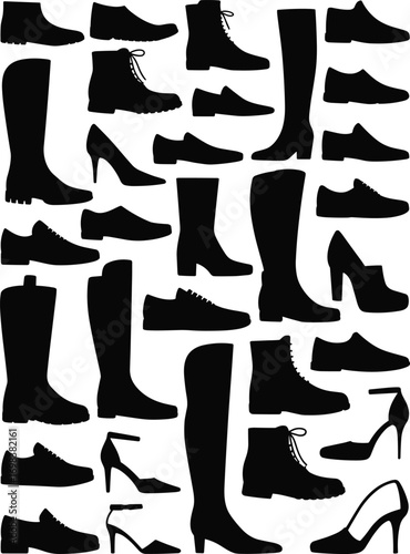 Silhouettes of various shoes and boots, high heels, sneakers, fashion footwear icons for design, vector shoe collection illustratio