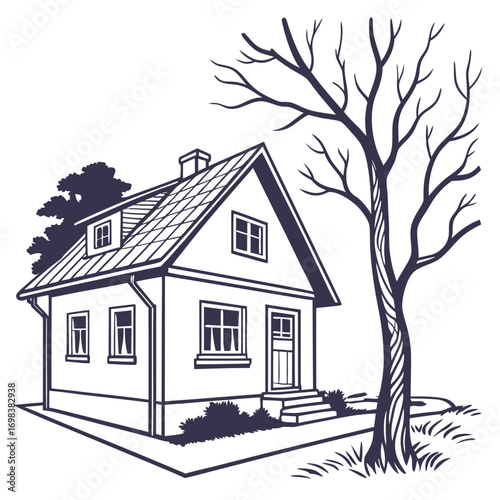sketch of a house with a tree
