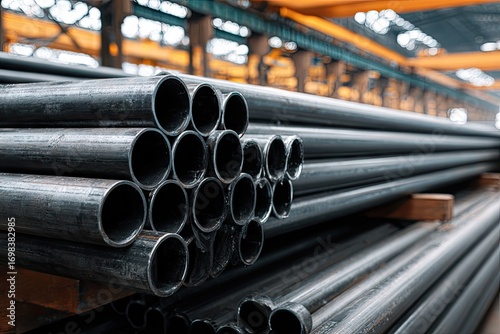 Industrial steel pipes stacked neatly in a large manufacturing warehouse.