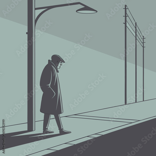Lonely Man Walking City Street Night Lamp Post Shadow lonely