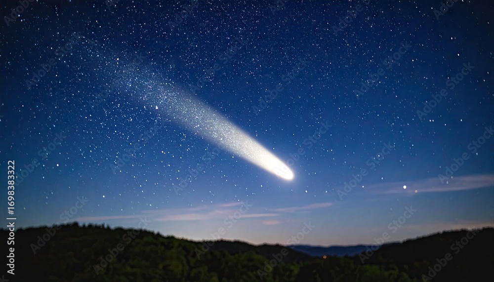 Naklejka premium Brilliant Comet Streaking Across Starry Night Sky