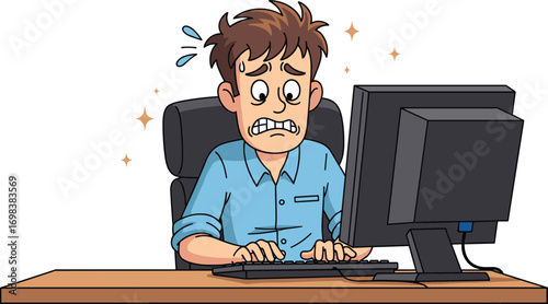 Cartoon stressed office worker typing on computer, anxious expression, sweat drops, flat vector illustration for workplace, emotion, and tech themes