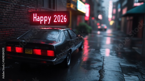 Wallpaper Mural Vintage Car with Bright Neon Sign Celebrating New Year 2026 in Wet Urban Street Scene Torontodigital.ca