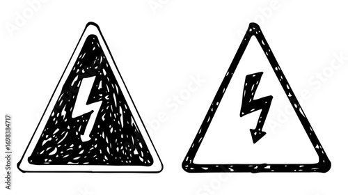 High voltage warning sign, lightning bolt in a triangle, black and white hand drawn.