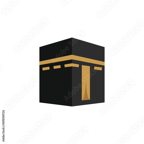 Minimal vector illustration of Kaaba in black and gold colors. A sacred Islamic symbol often associated with pilgrimage, spirituality, and religious devotion in Muslim culture.