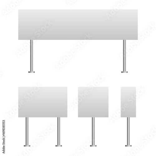 Blank billboard set. White advertising panels. Promotional display boards. Metal stand signs.