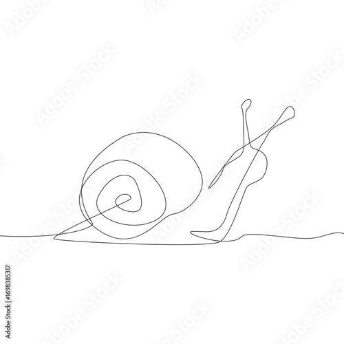 Crawling snail mollusk. Continuous line drawing. Garden pest Vector. Slow creature illustration.