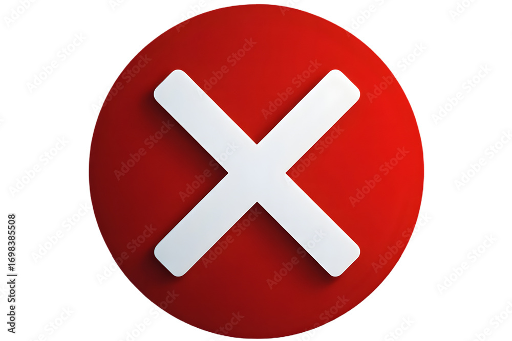 Fototapeta premium A round, red and white cross icon, a glossy symbol for a button to cancel, close, or delete