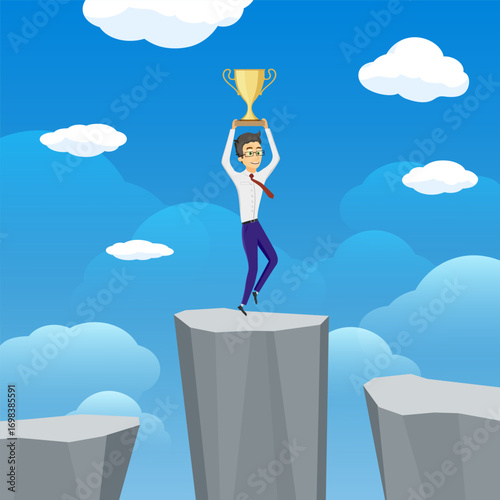 Businessman standing on top of cliff and holding golden cup in his hands. Vector illustration