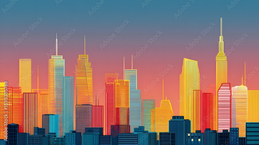 Naklejka premium Vibrant City Skyline at Sunset with Abstract Colors and Modern Architecture