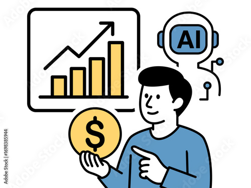 AI assistant helping to generate income and boost business growth. A man holding a dollar coin with a rising bar chart and AI robot head, symbolizing financial success and smart investment.