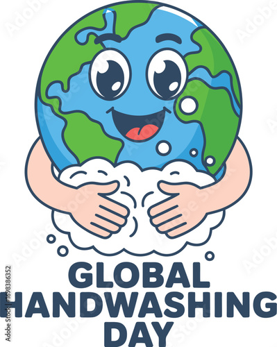 Happy cartoon planet Earth washing hands with soap and bubbles for global hygiene awareness