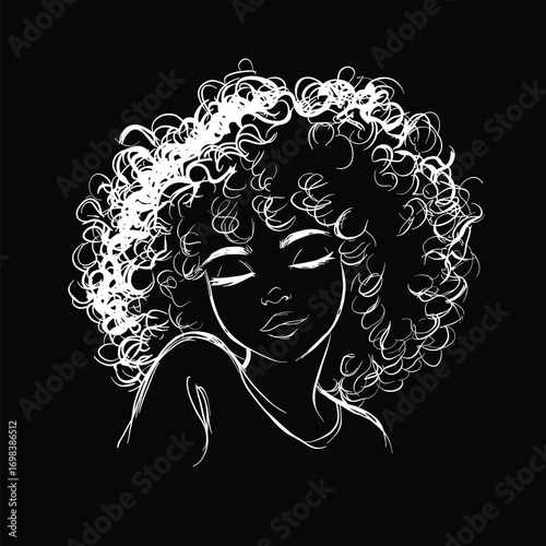 Minimalist line art of a confident woman with curly hair, perfect for fashion and beauty concepts