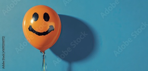 Orange smiley face balloon floating against a solid blue background.