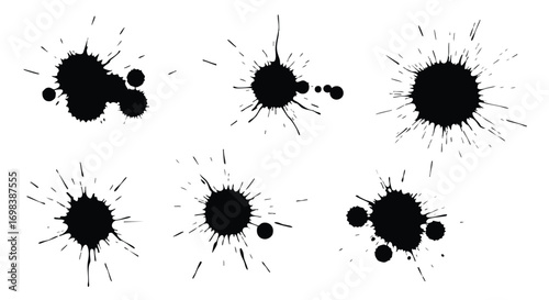 Six ink blots with radiating splatter patterns on a white background.