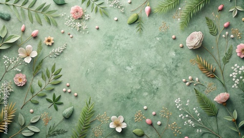 Floral arrangement on green textured background with pastel flowers and decorative elements