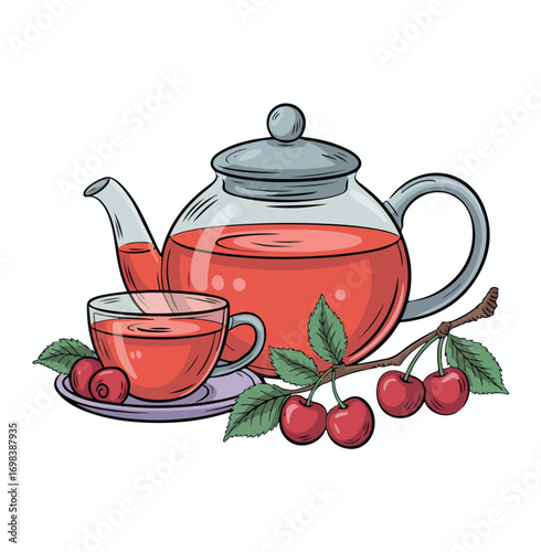 A traditional brown clay teapot and cup with a hot beverage isolated on a white kitchen table