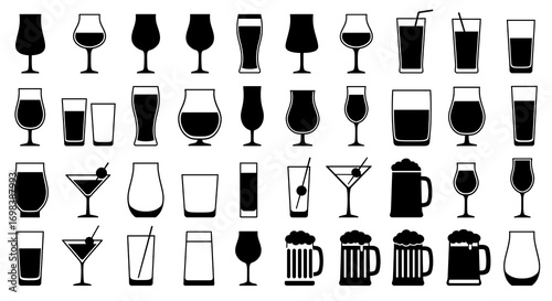Cocktail and Beer vector symbol, Isolated drink and Beverage illustration clip art in Minimal style for Retaurant, Bar and Bistro Menu, Graphic elements