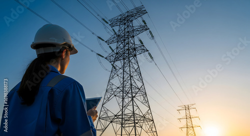 A female electrical engineer in a hard hat and uniform, holding a tablet and looking at a high-voltage power transmission tower at sunset.