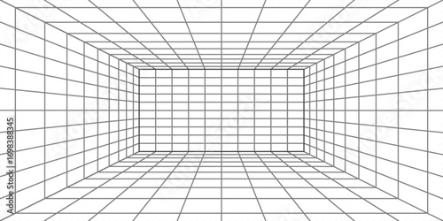 3d perspective of wireframe white room background. Empty futuristic digital rectangle laser line box interior with black mesh walls, sci fi matrix grid. Abstract virtual space render. 3D Illustration