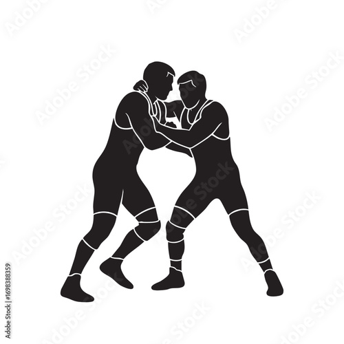 Vector Illustration of Two Wrestlers in Dynamic Combat Pose in Minimalist Black and White Style