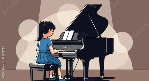 Young Girl in a Blue Dress Playing a Grand Piano.