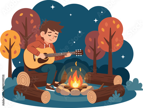 Young man playing an acoustic guitar outdoors at night.