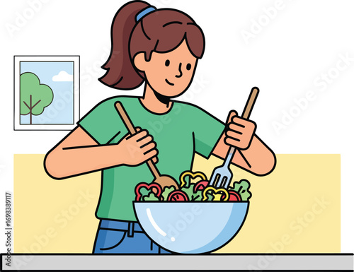Young woman with a ponytail happily mixing a fresh salad.