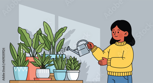 Young woman in a yellow sweater watering her indoor plants.
