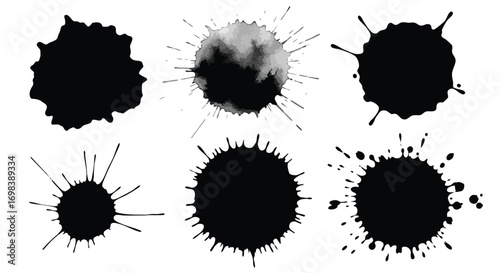 Six different black ink splatters and blots, displayed on a white background, showcasing abstract shapes.