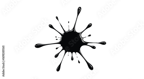 A black ink blot with radiating splatters isolated on a white background, creating an abstract design.