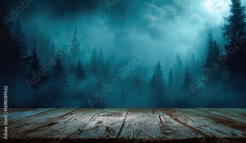 Empty wooden tabletop against a dark spooky forest at night.