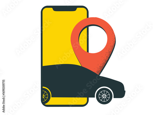 Black car silhouette coming out of smartphone screen with a red destination pin mark. Vector illustration isolated on white background