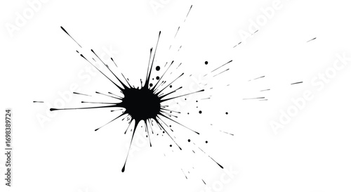 Abstract ink splatter radiating outward from a central point on a white background.