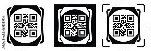 High-contrast black and white QR code with grid squares, centered in frame. Simple thin black border. Clean digital design, technical style, suitable for scanning or template use.