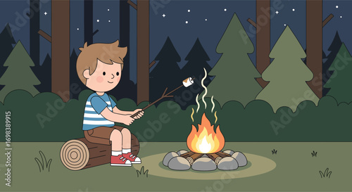 Cartoon boy roasting a marshmallow over a campfire at night.