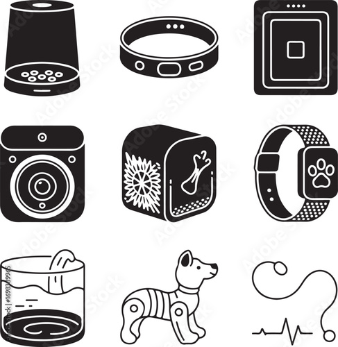 Nine Detailed Smart Pet Devices Silhouette on White Background pet technology pet gadgets
