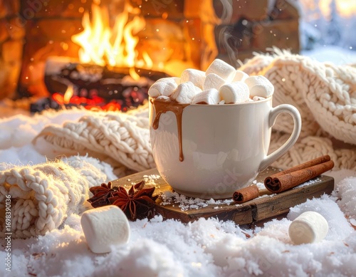 A steaming mug of hot chocolate with marshmallows sits amidst cozy winter comforts, by a crackling fireplace.