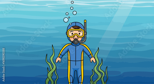 Cartoon scuba diver in a blue and yellow wetsuit.