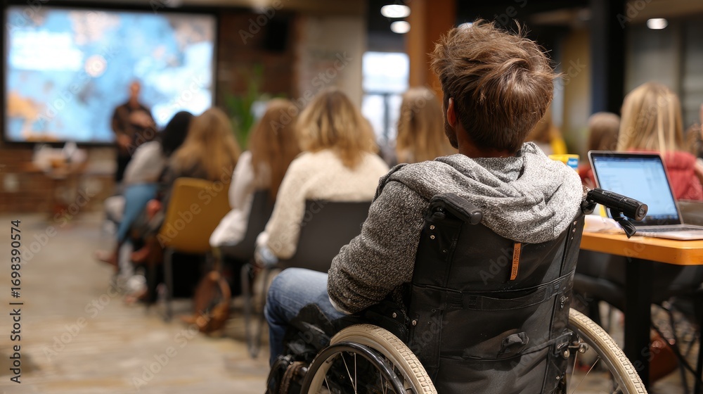 Obraz premium A person in a wheelchair attends a presentation, surrounded by an audience in a modern, collaborative workspace.