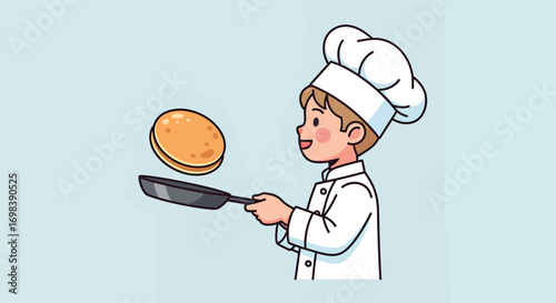 Cartoon illustration of a young boy chef flipping a pancake.