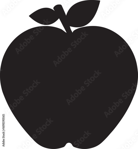 Black silhouette of an apple with two leaves and a stem on a white background fruit