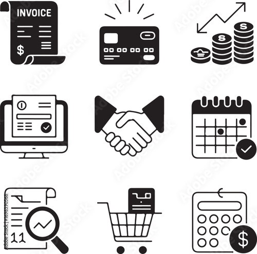 Set of Nine Detailed Online Invoicing Icons with Transparent Background invoice billing