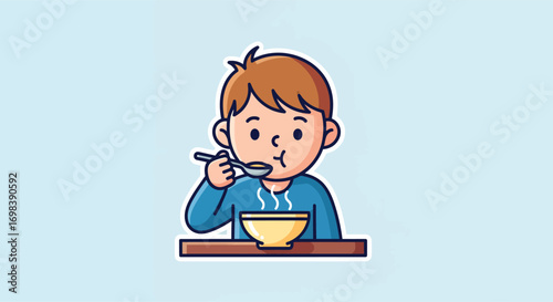 Cute cartoon boy eating a hot bowl of soup.