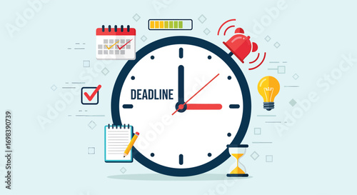 Deadline clock concept with time management and planning icons.