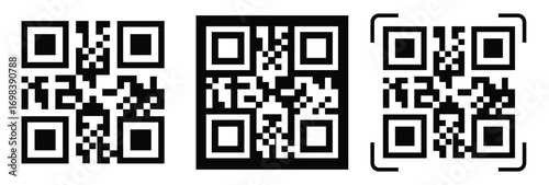 High-contrast black and white QR code with grid squares, centered in frame. Simple thin black border. Clean digital design, technical style, suitable for scanning or template use.
