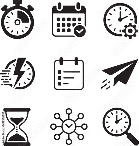 Set of nine detailed time saving app icons on white background productivity efficiency