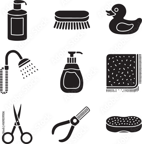 Set of nine detailed pet bathing tools on a white background pet grooming pet care