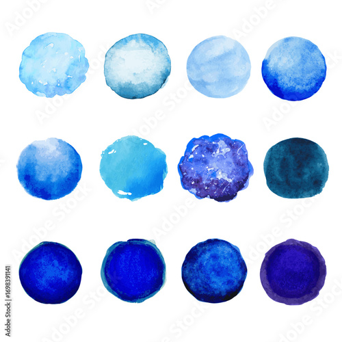 Set gradient blue paint circle brush strokes, hand drawn. collection vector abstract turquoise, indigo round and blots on white isolated background