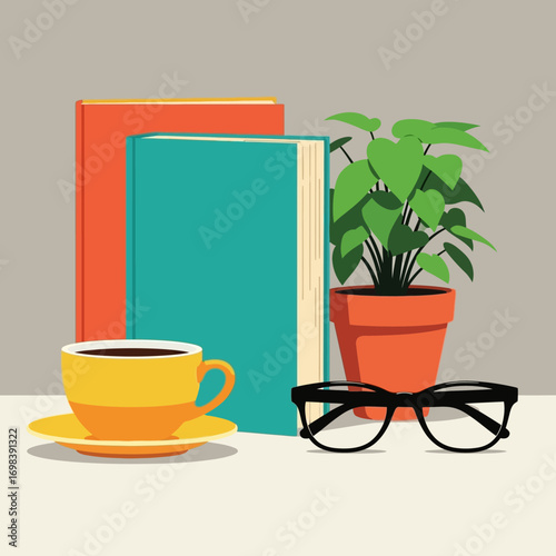 Books coffee plant glasses desk workspace still life.